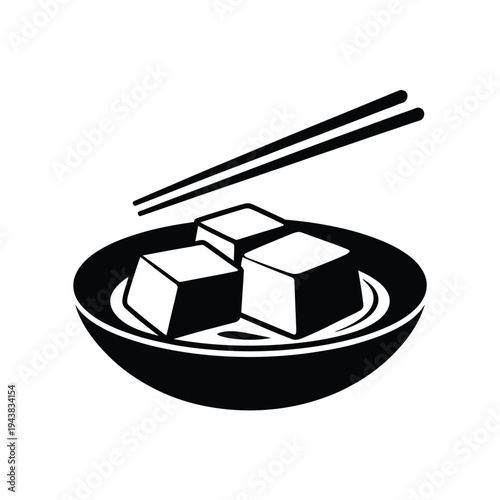 Black and white illustration of tofu with chopsticks and a bowl