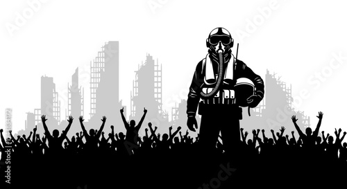Hero Pilot in Post-Apocalyptic City with Cheering Crowd