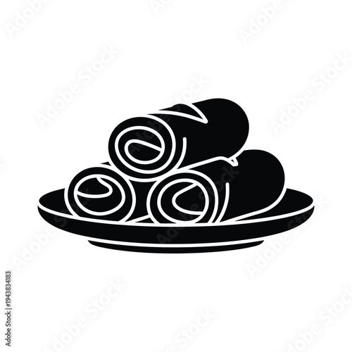 A simple black silhouette of rolled sushi pieces on a plate