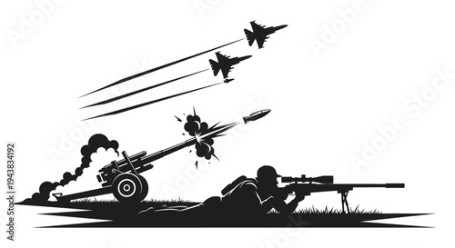 Military Action: Fighter Jets, Artillery Fire, Sniper in Combat Silhouette