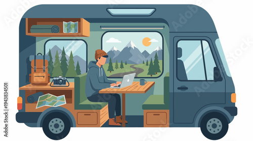 A person working remotely on a laptop inside a cozy camper van, enjoying the scenic mountain and forest view during a road trip.