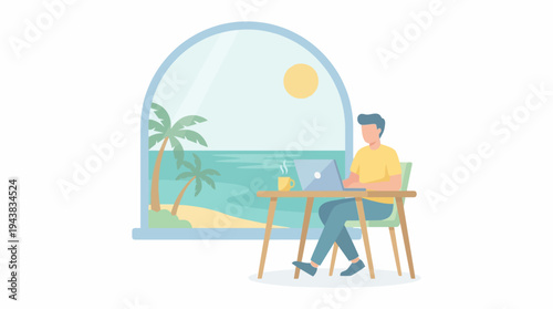 A person working on a laptop at a desk with a beautiful tropical beach view outside a large window, symbolizing remote work and freedom.