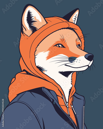 A fox dressed in an orange hoodie looks straight ahead against a dark background. It has a calm expression and detailed features.