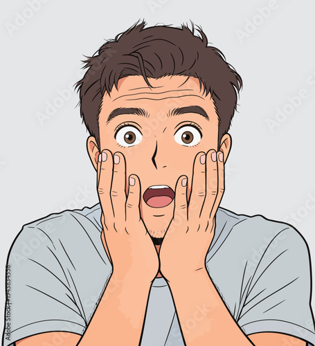 A man looks shocked and surprised with hands on his face. He has a plain shirt and a neutral background.