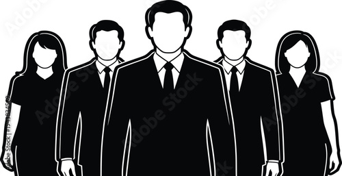 A group of five faceless business people in formal attire standing together