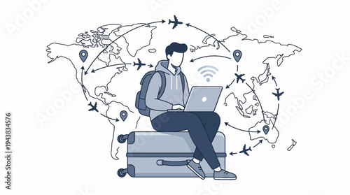 A person working on a laptop while sitting on a suitcase, with a world map showing global travel routes and Wi-Fi connectivity in the background.