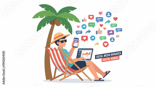 A person working remotely as a social media manager on a beach, embodying the digital nomad lifestyle with a laptop and smartphone.