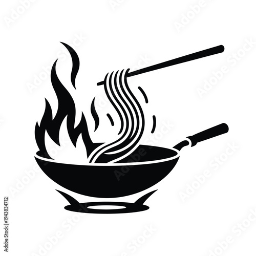 Fiery wok with noodles a stylized illustration of asian cuisine