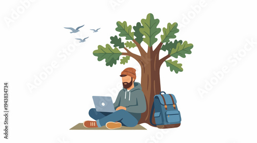A bearded man in a beanie hat sits under a large oak tree, working on his laptop with a backpack nearby and birds flying overhead.