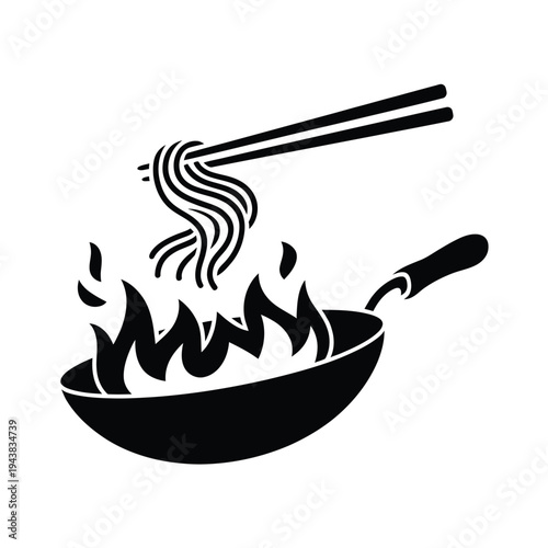 Black and white illustration of noodles being cooked in a wok with chopsticks