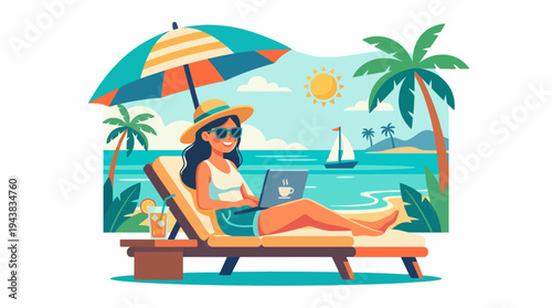 A woman working remotely on a laptop while relaxing on a beach chair under an umbrella by the ocean with palm trees and a sailboat.