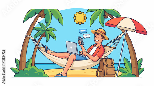 A man relaxing in a hammock on a tropical beach, working remotely with a laptop and smartphone.