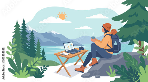A person working remotely on a laptop by a serene lake in a mountainous forest landscape, enjoying nature and a hot drink.