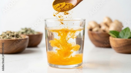 Yellow turmeric powder pouring from a wooden spoon into a glass of water creating a vibrant cloud effect