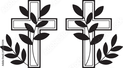 Two outlined Christian crosses decorated with detailed black olive branches on a pristine white background