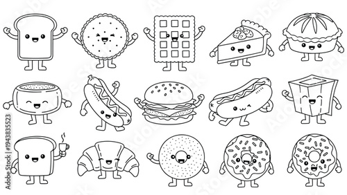Group of cute cartoon food characters including bread, donuts, burgers, and hot dogs with happy faces and tiny arms and legs.