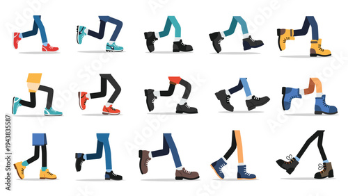Sequence showing different pairs of human legs wearing various trousers and shoes while walking or running in a stride.