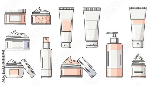 Assortment of skincare and cosmetic products including cream jars, lotion tubes, and spray bottles for beauty and personal care routines.