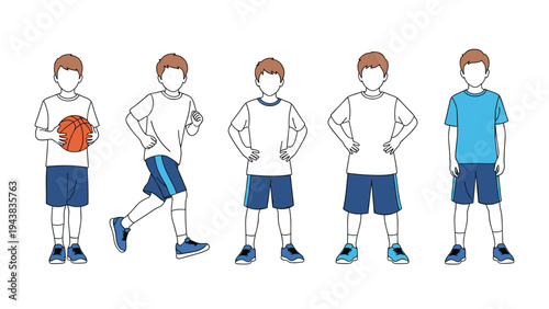 Silhouettes of boys in various athletic poses including playing basketball, running, and standing confidently in sports uniforms.