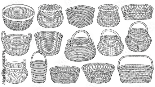 Detailed sketches of numerous woven baskets in different styles, sizes, and shapes suitable for storage, shopping, or decorative purposes.