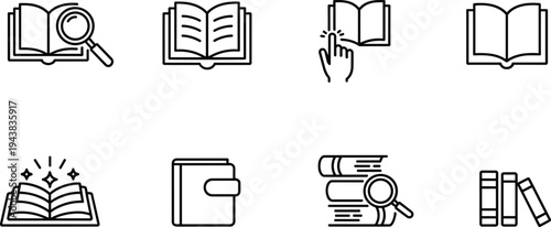 Education and library book vector icon set for academic research, university literature, and digital online learning