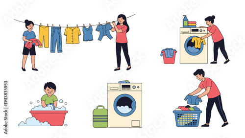 Illustrations of men and women engaged in various laundry tasks including washing by hand, using a machine, and hanging clothes to dry.