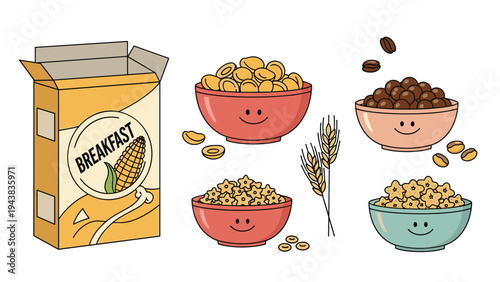 Breakfast scene featuring an open box of cornflakes and several bowls filled with different types of cereals like stars and chocolate balls.