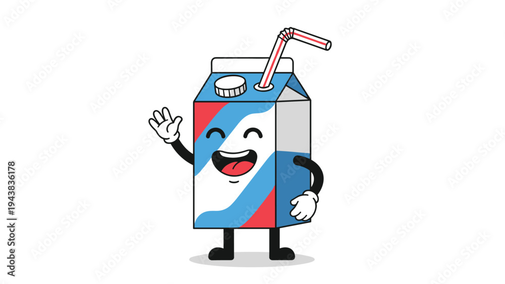Fototapeta premium Happy cartoon character of a milk carton with a red and blue stripe design waving its hand with a joyful facial expression.