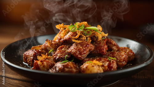 Wallpaper Mural Spicy grilled pork bites with scallion and fried onion garnish, steaming and savory Torontodigital.ca