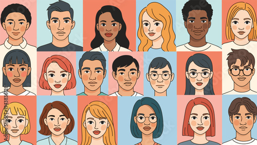 Colorful grid of diverse human portraits showcasing various ethnicities, genders, ages, and facial features for inclusive representation.