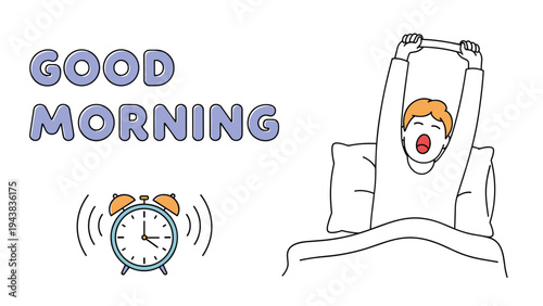 Morning routine illustration featuring a ringing alarm clock and a young person waking up and stretching in bed under the sheets.