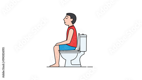 Adult man sitting on a white toilet seat in a bathroom setting, shown in profile with a neutral expression on his face during his daily routine.