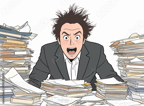 A person sits at a desk covered in papers, looking overwhelmed and frustrated while surrounded by stacks of documents.