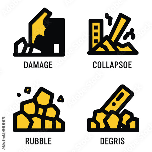 Vector art of four icons illustrating disaster and destruction damage, collapse, rubble, and debris