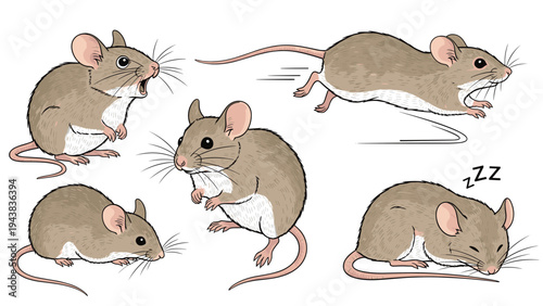 Group of small brown mice depicted in various activities such as running, shouting, sleeping, and standing on hind legs for educational use.