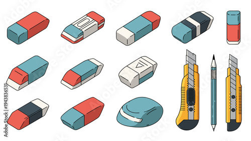 Set of office supplies including various erasers in different colors and two yellow utility cutters with sharp metal blades on white background.