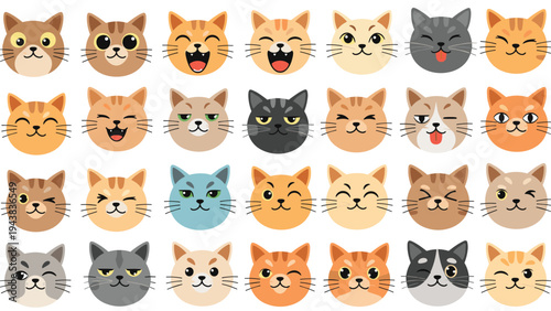 Large grid of cat face icons featuring different breeds, fur colors, and a wide range of emotions and expressions for social media avatars.