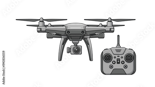 Modern grey quadcopter drone with a camera and its corresponding wireless remote control console on a white background for aerial hobbies.