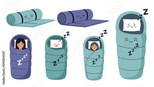 Collection of sleeping mats and sleeping bags with people inside shown sleeping soundly with zzz symbols overhead in a simple cartoon style.