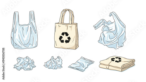 Group of shopping bags and crumpled plastic waste highlighting the contrast between reusable and single-use materials for environmental care.