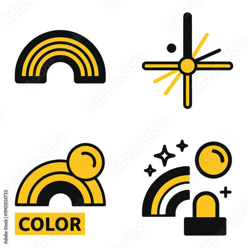Vector art of four colorful flat design icons representing abstract concepts like rainbows, sparkles, and the word color