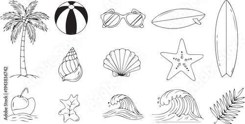 Set of 13 beach icons vector, black and white, line art