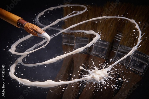 Photography Artist's brush with swirling, splashing paint, AI