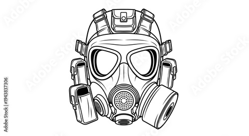 Black and White Line Drawing of a Gas Mask