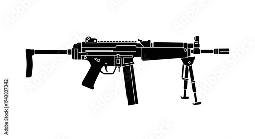 Black silhouette of a submachine gun with bipod and stock, isolated on white background