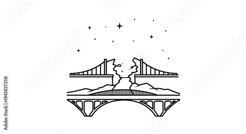 Broken Bridge Under Starry Sky and Mountains: Symbol of Connection and Ruin