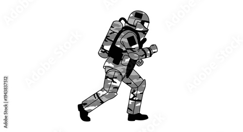 Camouflaged Soldier Running with Backpack, Military Action, Tactical Gear