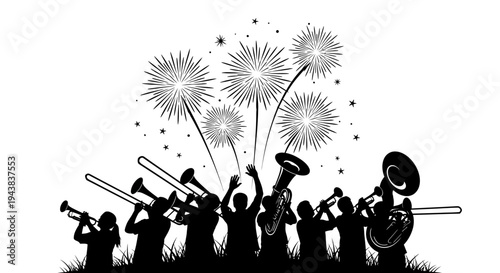 Celebration Parade Silhouette: Band Playing Music with Fireworks