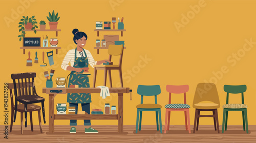 Illustration of Vintage Wooden Chairs in a Workshop Interior