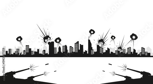 City skyline under attack, explosions and tanks firing in black and white
